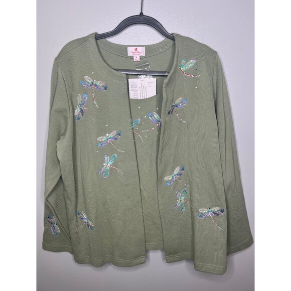 Quacker Factory2 In 1 Sweater Womens XL Green With Embroidered Dragonflies XL - Picture 6 of 12